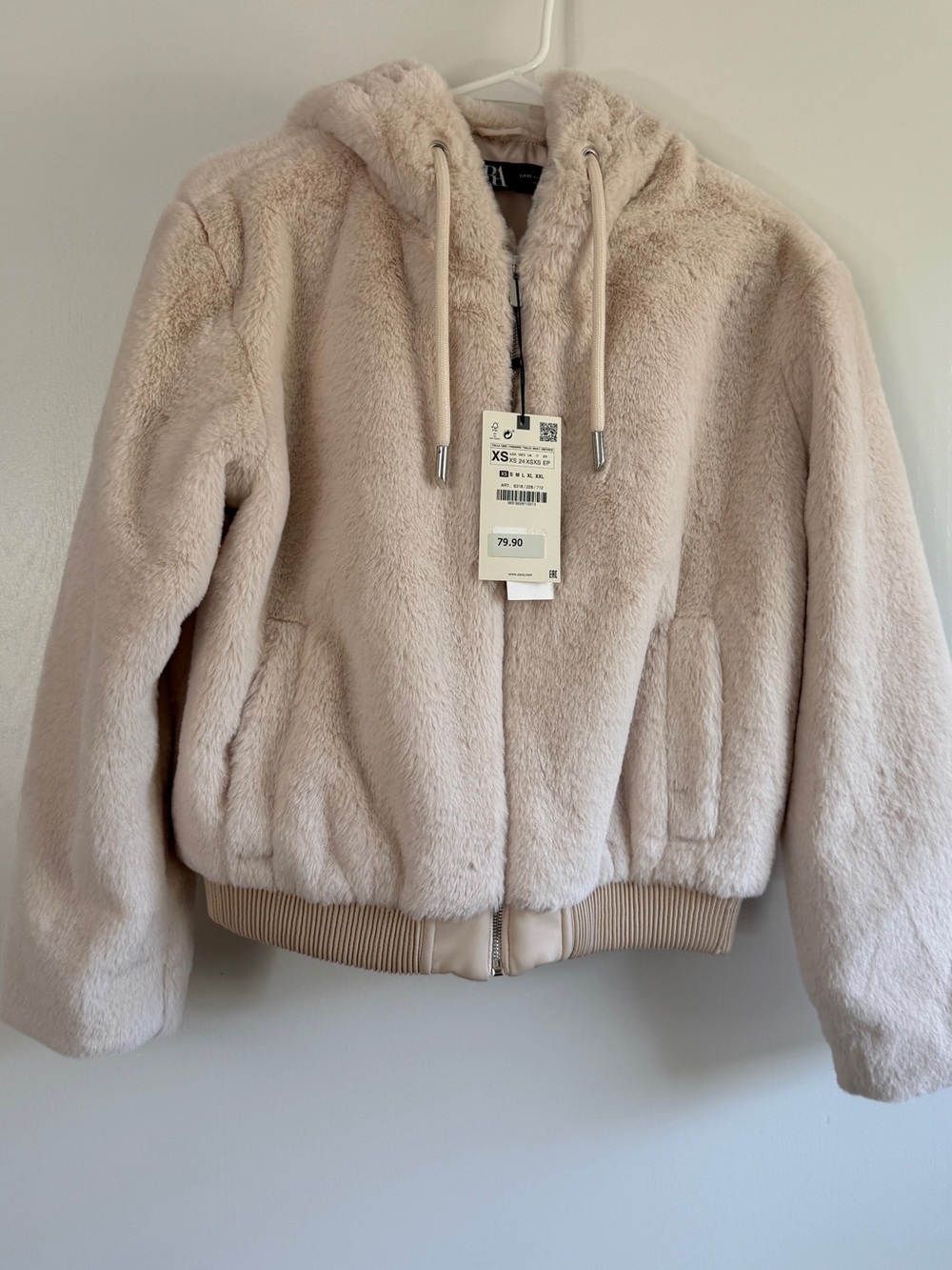 Zara Plush Bomber Jacket - Pale Ivory Cream Faux Fur XS Hooded